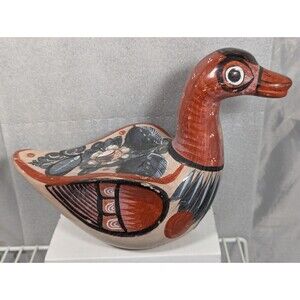 Large TONALA MEXICAN POTTERY Bird Duck Hand Painted Blue Red 11"